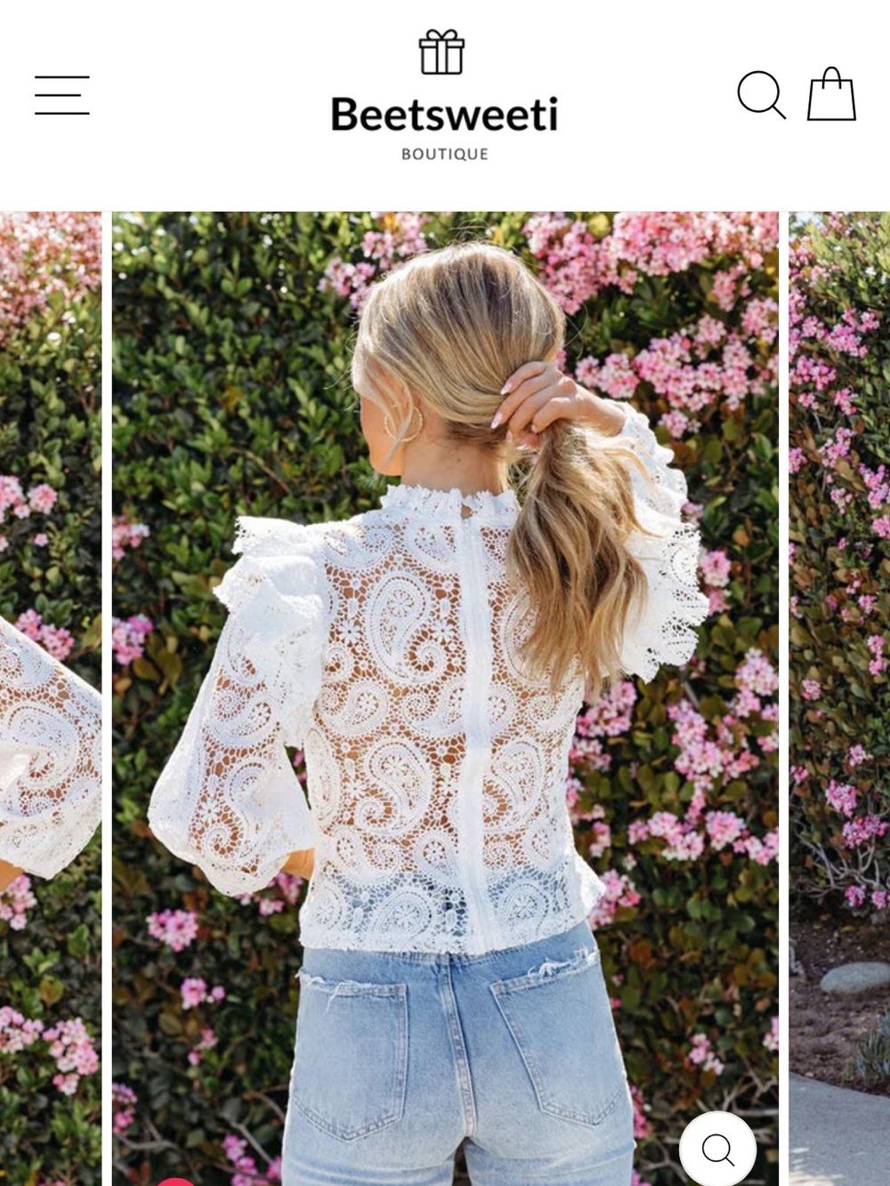 Women's White Paisley Lace Ruffle Blouse - Picture 4 of 9